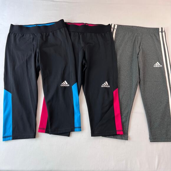 adidas Girls size Medium 10 Athletic mid-length pants Black Gray pink Tricot - Picture 1 of 8